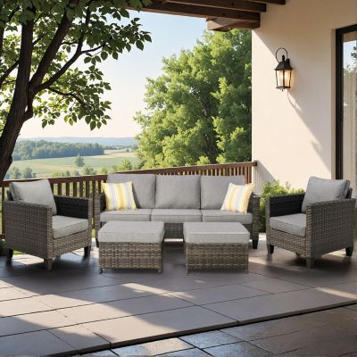 5 Piece Patio Furniture, Outdoor Furniture Sets, Modern Wicker Patio Furniture Sectional and 2 Pillows, All Weather Garden Patio Sofa, Backyard