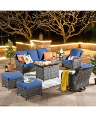 Outdoor Swivel Rocking Chairs Set, Patio Furniture Set with 50,000 BTU Rectangular Propane Fire Pit Table, 7 Pieces High Back Conversation Sofa and Side Table