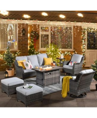 Outdoor Swivel Rocking Chairs Set, Patio Furniture Set with 50,000 BTU Rectangular Propane Fire Pit Table, 7 Pieces High Back Conversation Sofa and Side Table