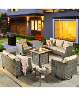 Patio Furniture Set 6 Piece Outdoor Sectional Sofa Set with Rocking Swivel Chairs Square Fire Pit Table Loveseat All Weather Wicker Rattan Conversation Sets for Yard Porch