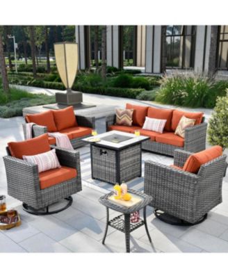 Patio Furniture Set 6 Piece Outdoor Sectional Sofa Set with Rocking Swivel Chairs Square Fire Pit Table Loveseat All Weather Wicker Rattan Conversation Sets for Yard Porch