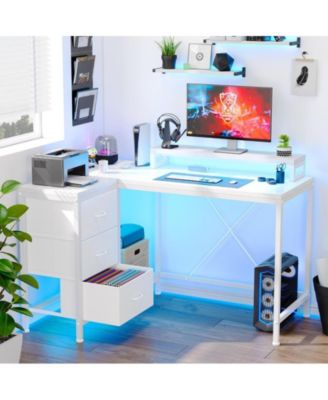 L Shaped Desk with Power Outlets & LED Lights, Computer Desk with Drawers & Shelves, Corner Desk Gaming Desk Home Office Desk