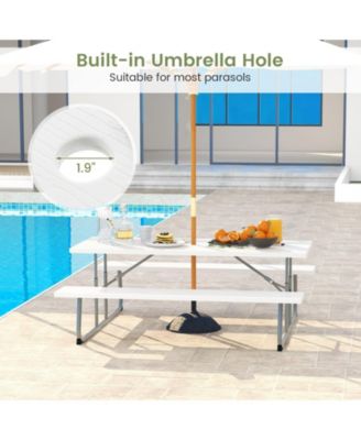Folding Picnic Table Set with Metal Frame and All-Weather HDPE Tabletop, Umbrella Hole