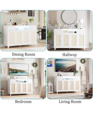 Sideboard Buffet Cabinet, 47" Accent Storage Cabinet with 4 Rattan Doors & 2 Drawers Console Table Coffee Bar w/Power Outlet & LED Light Adjustable Shelves for Dining Living Room, Hallway