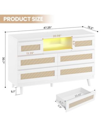 1Pc Natural Rattan & Particle Board 6-Drawer, RGB LED Light & Charging Station Storage Cabinet