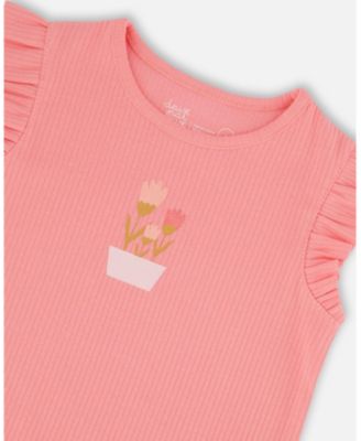 Girl Rib Tank Top With Frills Coral Pink - Toddler|Child
