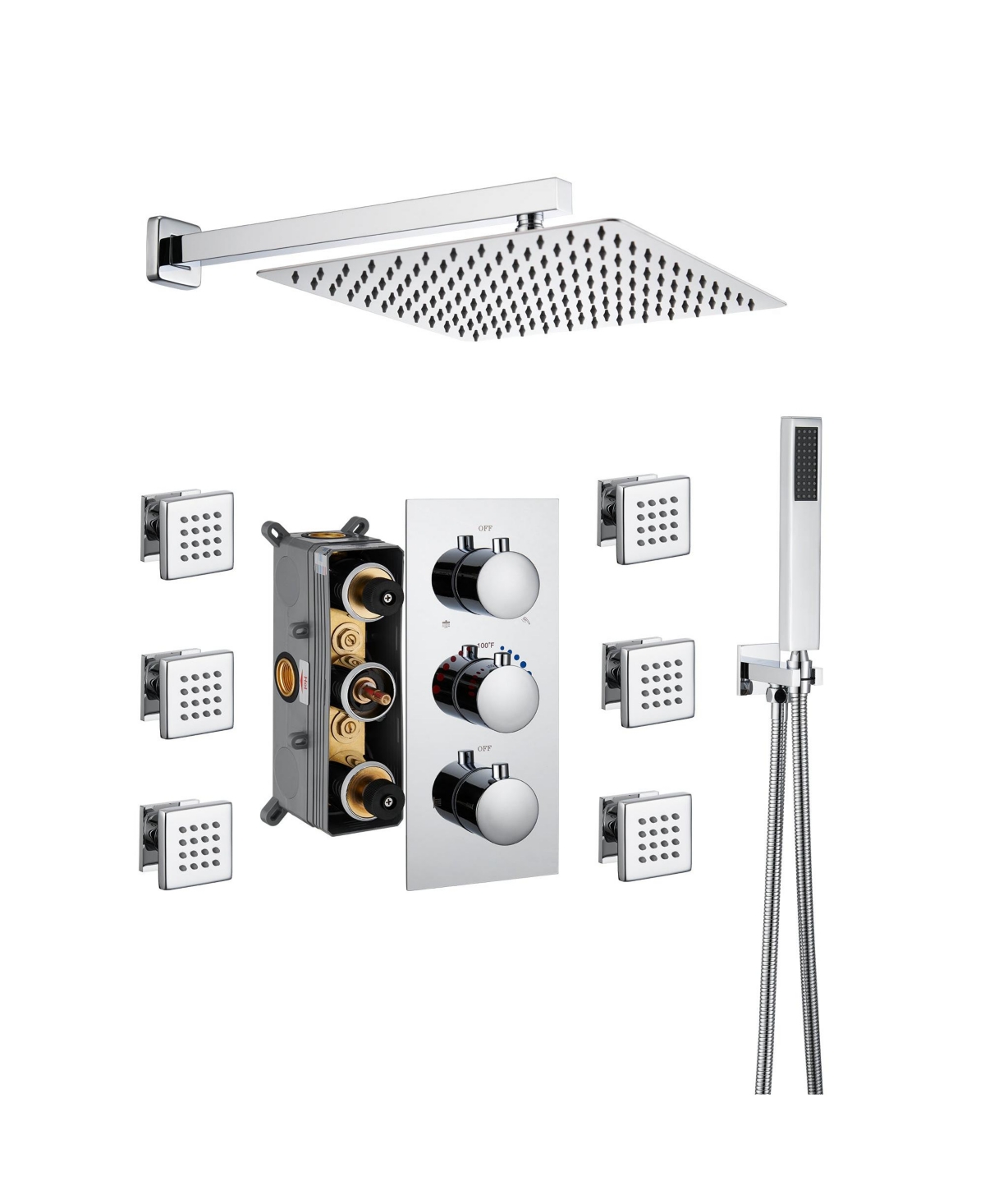 Chrome Wall Mount Thermostatic Rain Shower System with Handheld Shower and Body Jets Bathroom Shower Faucet Set - Matte black