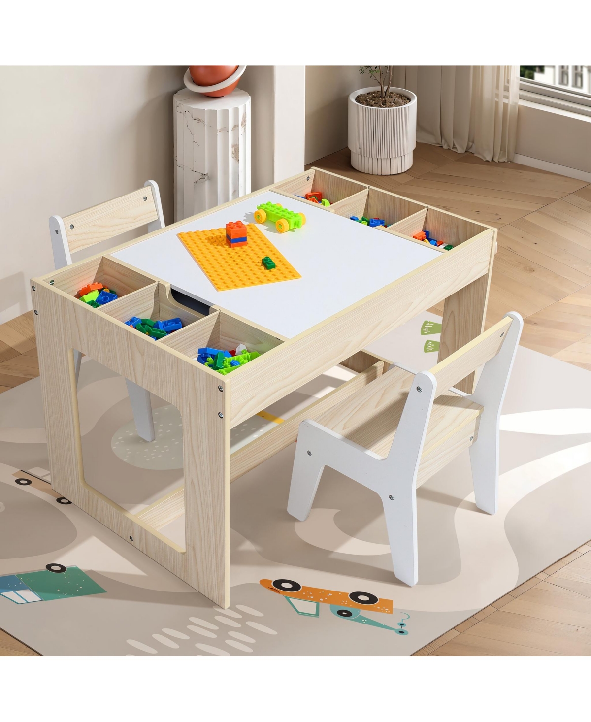LuxenHome Drawing and Activity Board Children Table with 2 Chairs Set