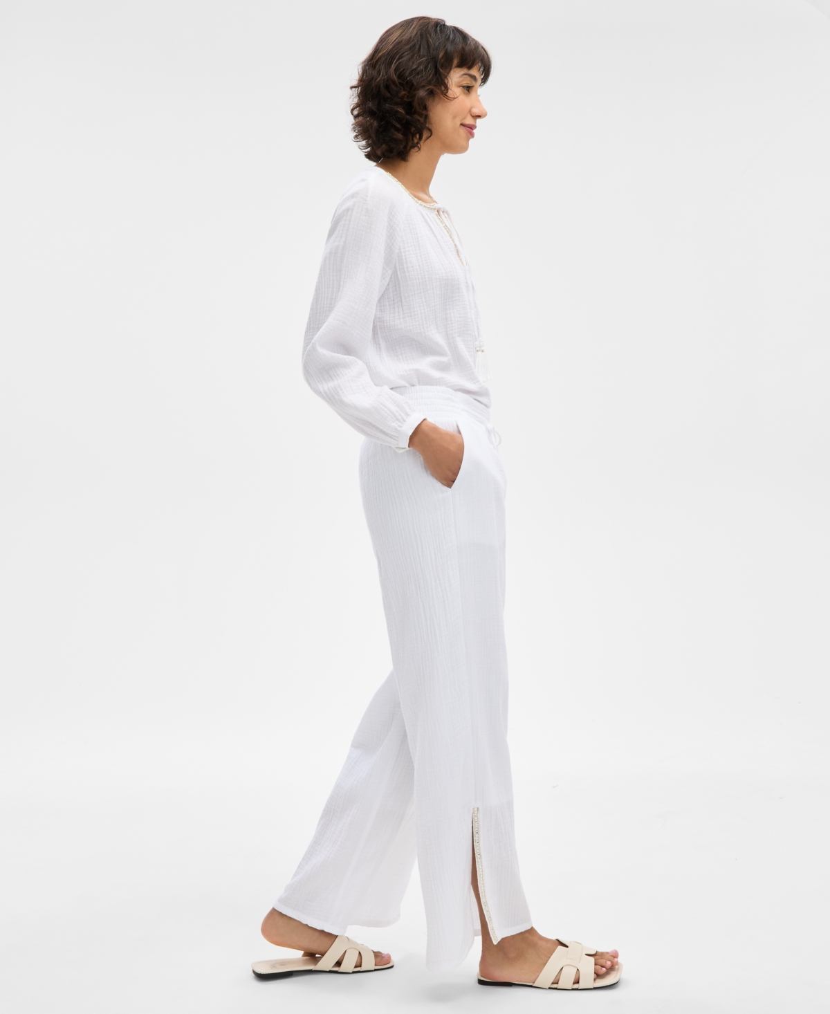 JM COLLECTION WOMEN'S COTTON GAUZE EMBELLISHED SLIT PANTS, EXCLUSIVELY AT MACY'S 