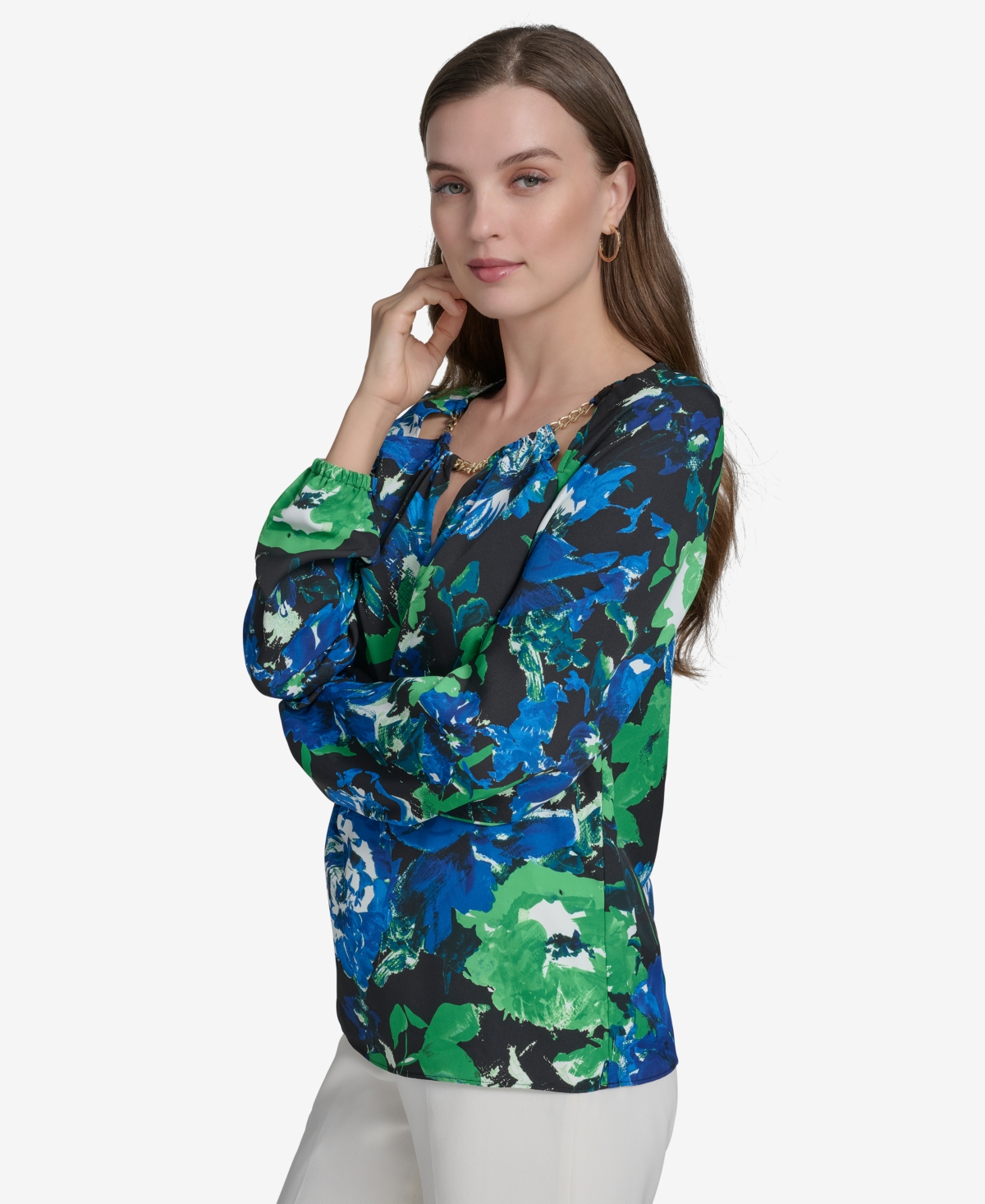HALSTON WOMEN'S FLORAL-PRINT CHAIN CUT-OUT BLOUSE 