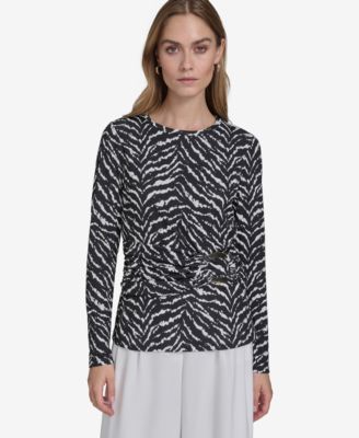 Halston - Women's Printed Sash-Waist Long-Sleeve Tunic