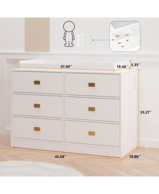 6-drawer, wood & metal, changing table dresser with removable top, power outlets, and pad – nursery station for baby bedroom.