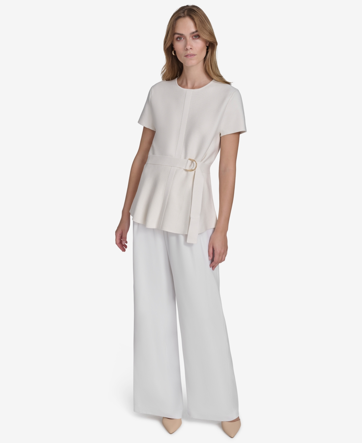 HALSTON WOMEN'S SHORT-SLEEVE BELTED ROUND-NECK BLOUSE 