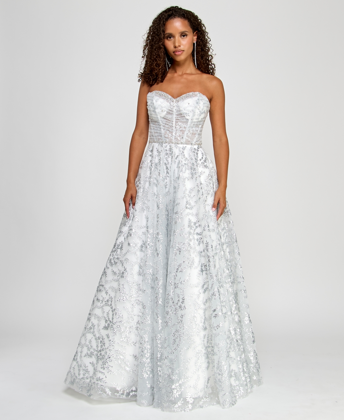 Juniors' Strapless Glitter Mesh Ball Gown - Off White/ Silver