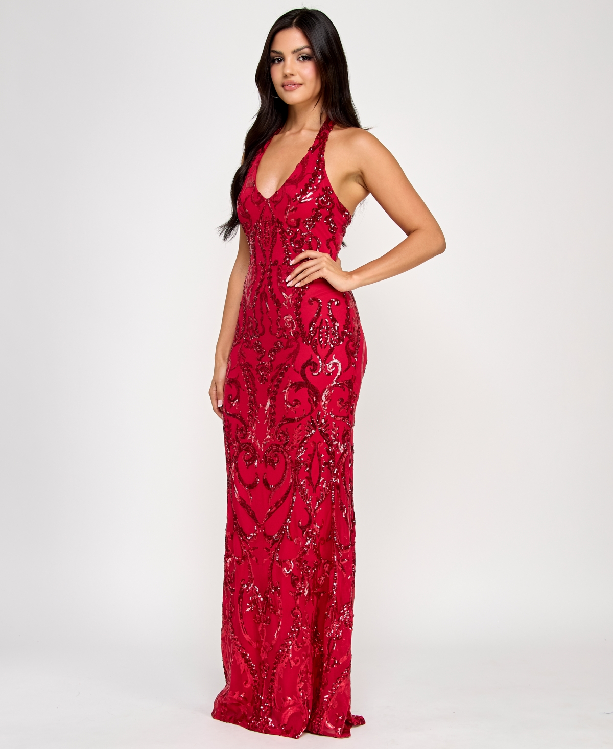 B Darlin Juniors' Sequined Halter-neck Evening Gown, Created For Macy's In Red,red