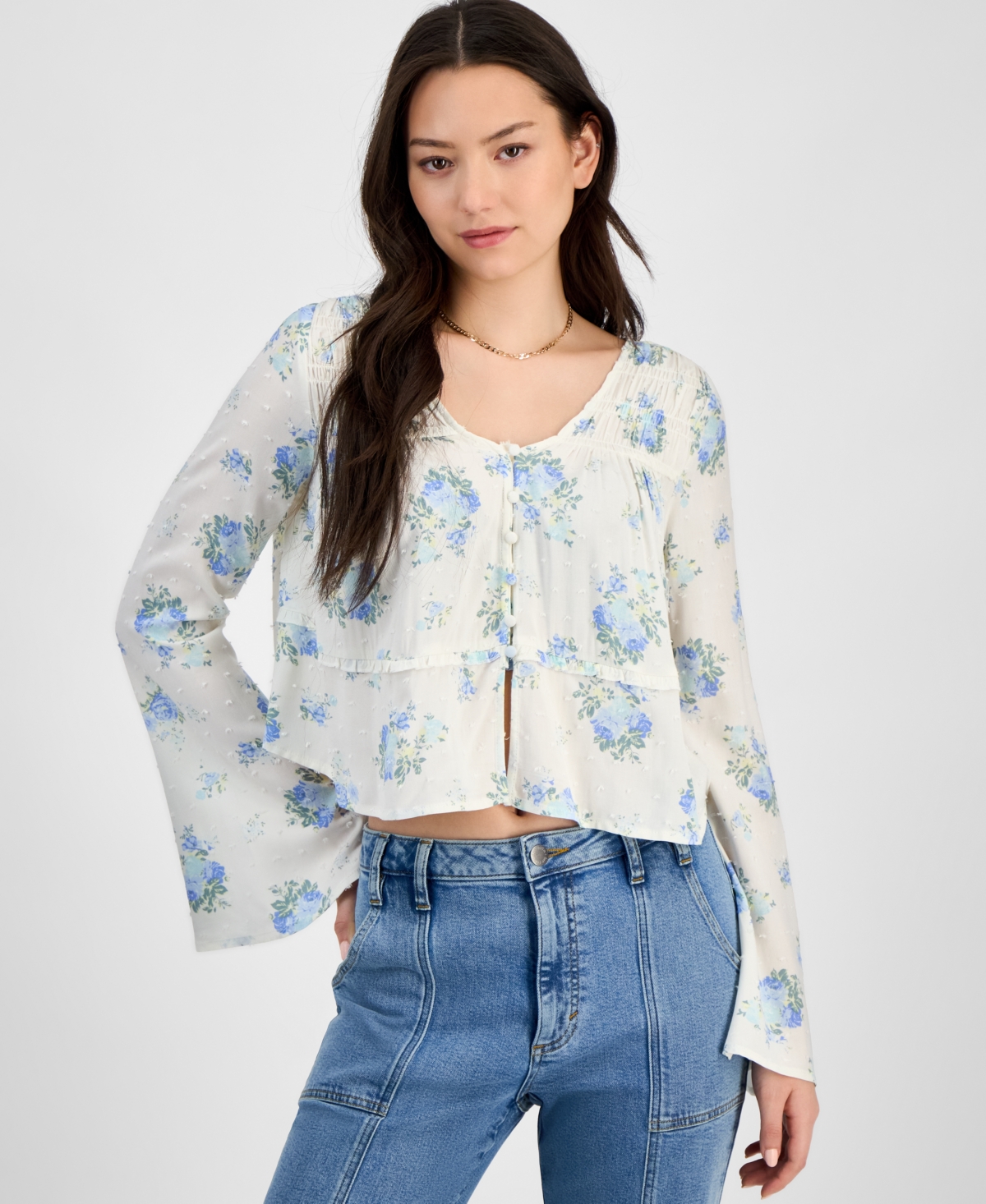 Juniors' Peasant Long Sleeve Top - Gardenia Floral