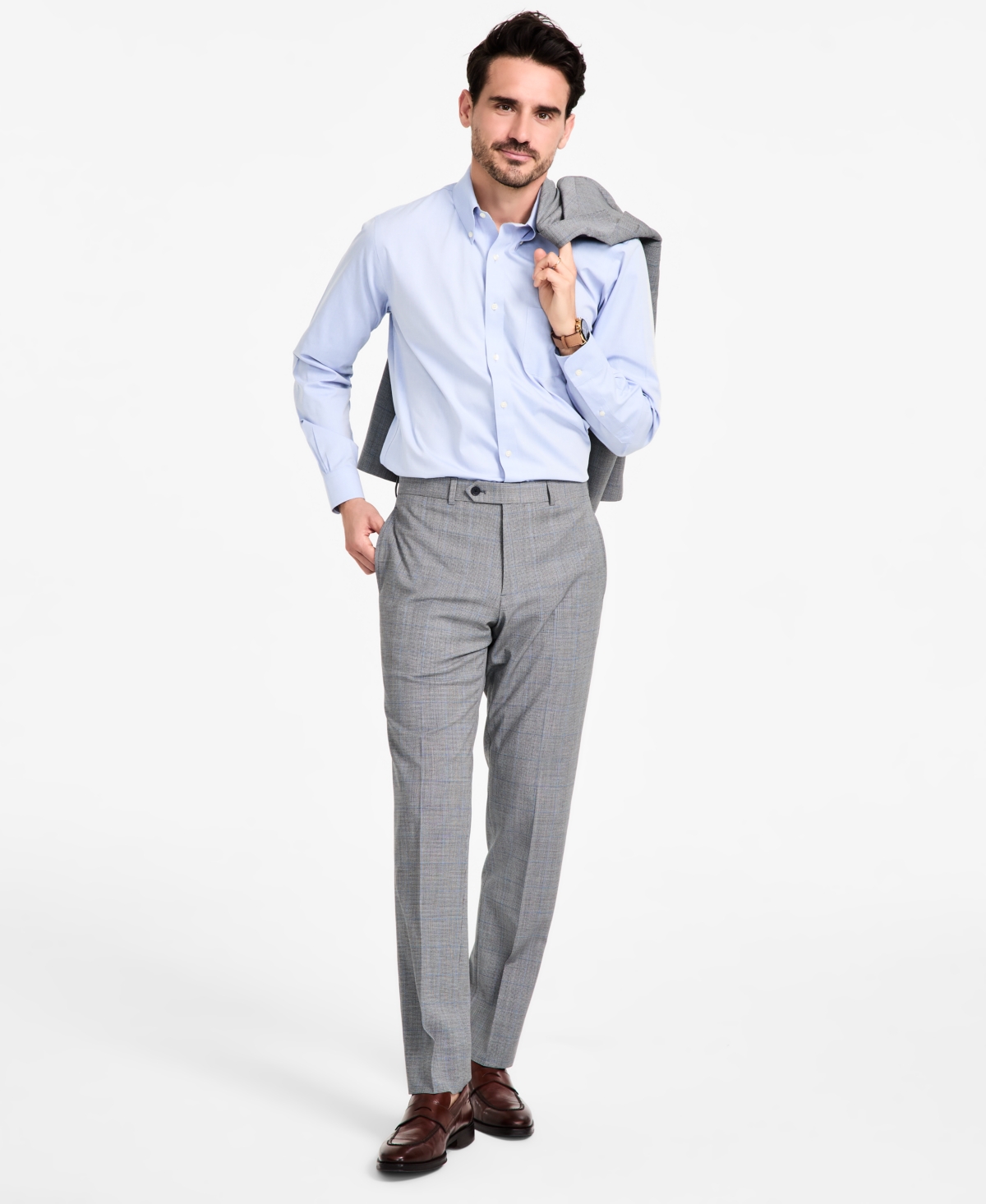 B by Brooks Brothers Men's Windowpane Wool-Blend Stretch Classic-Fit Suit Pants - Grey