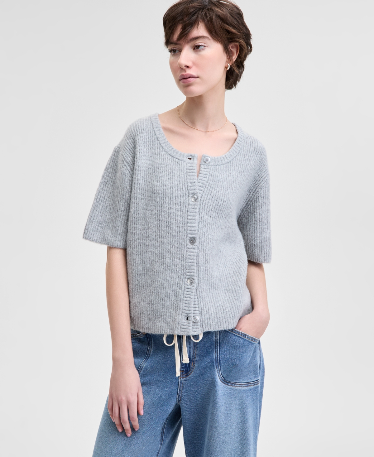 Women's Button-Down Knit Cardigan Sweater, Exclusively at Macy's - Light Heather Grey
