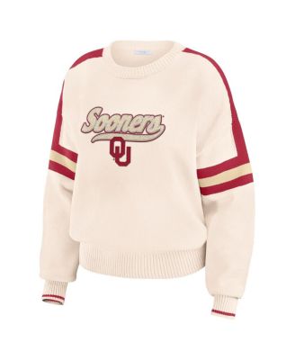 Women's Cream Oklahoma Sooners Chenille Woven Patch Stripe Pullover Sweater