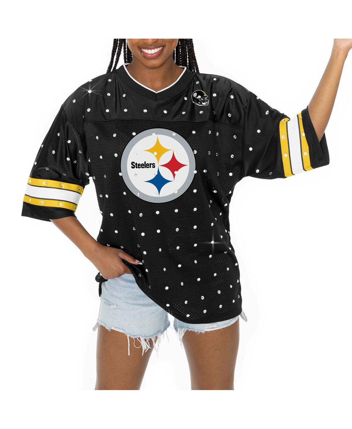 Gameday Couture Women's Black Pittsburgh Steelers Kickoff Time Allover Rhinestone Sports Stripe Jersey V-neck T-shir In Black