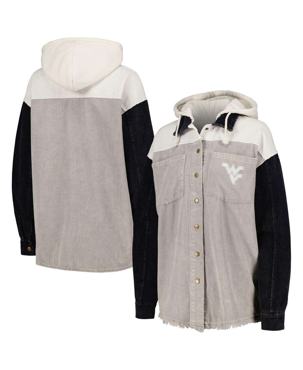 Gameday Couture Women's Gray/navy West Virginia Mountaineers Vintage Wash Corduroy Full-snap Hooded Shacket In Gray,navy