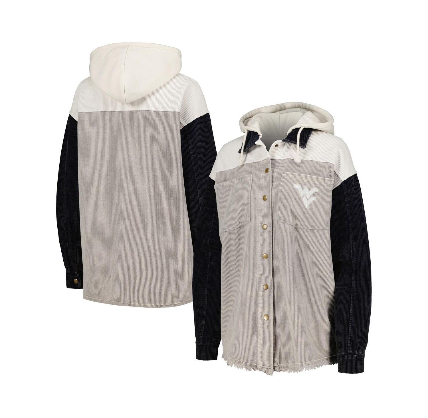 Women's Gray/Navy West Virginia Mountaineers Vintage Wash Corduroy Full-Snap Hooded Shacket