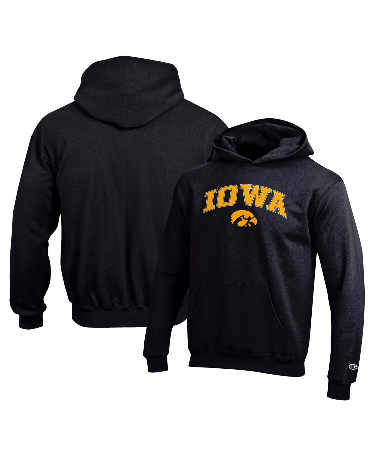 CHAMPION BIG BOYS AND GIRLS BLACK IOWA HAWKEYES CAMPUS PULLOVER HOODIE 