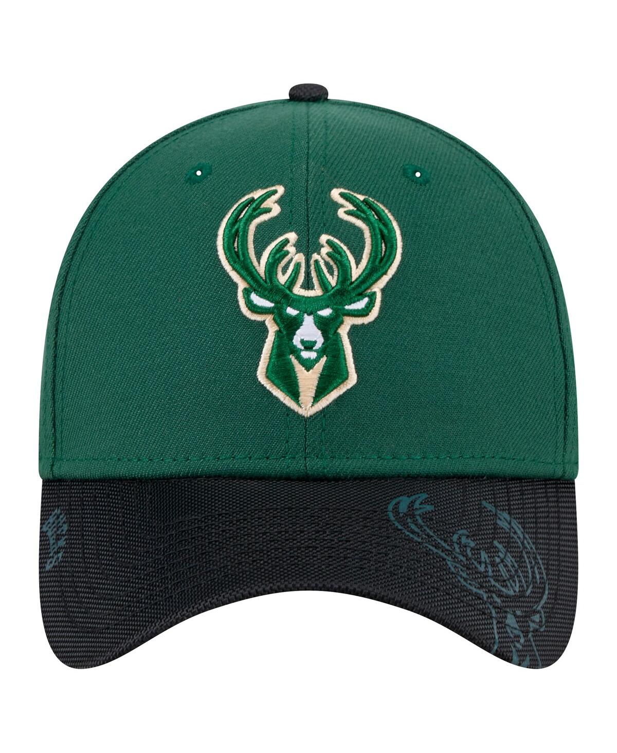 NEW ERA MEN'S HUNTER GREEN MILWAUKEE BUCKS SPORT NIGHT VISOR HIT 39THIRTY FLEX HAT 