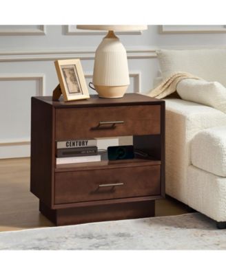 Zulema Mid-Century Modern 2-Drawer Nightstand with Built-In Outlets and Hidden Drawer