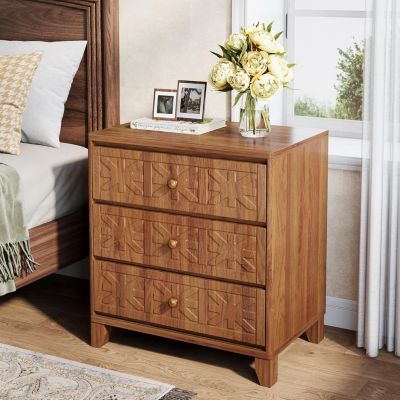 Nightstand with 3 Drawers Set of 2, Farmhouse Bedside Table with Elegant Patterns, Brown
