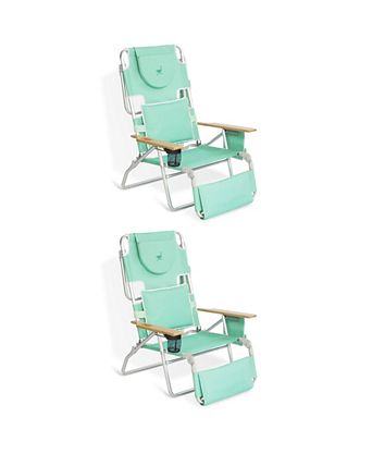 Deluxe Padded 3-N-1 Outdoor Folding Reclining Beach Chair, Teal (2 Pack)