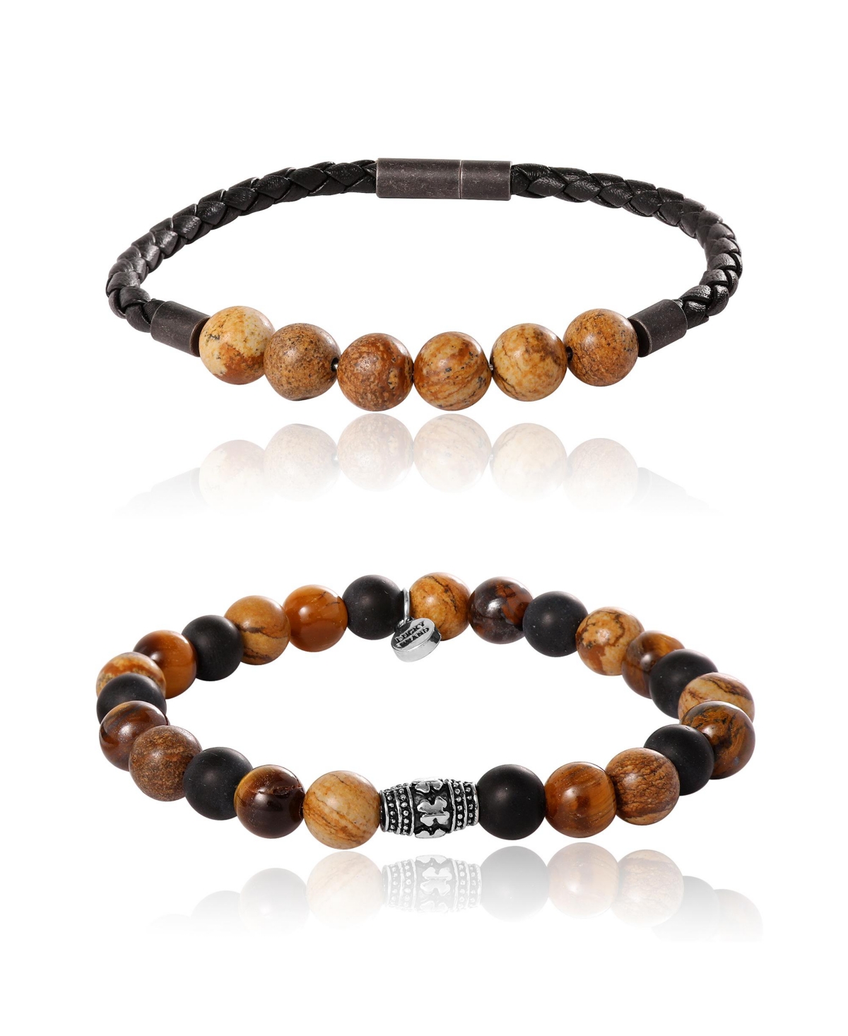 Tiger s Eye, Black Onyx, Picture Jasper Stretch Bead & Magnetic Cord Bracelet Set - 2 Piece - Brown