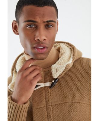 Men's Men s Long Hooded Knit Coat-Style Cardigan with Toggle Closure