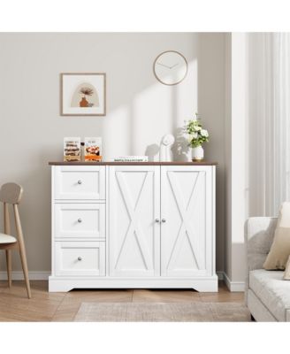 Farmhouse Kitchen Cabinet with 3 Drawers, 2 Barn Doors, and Spacious Countertop for Storage and Display