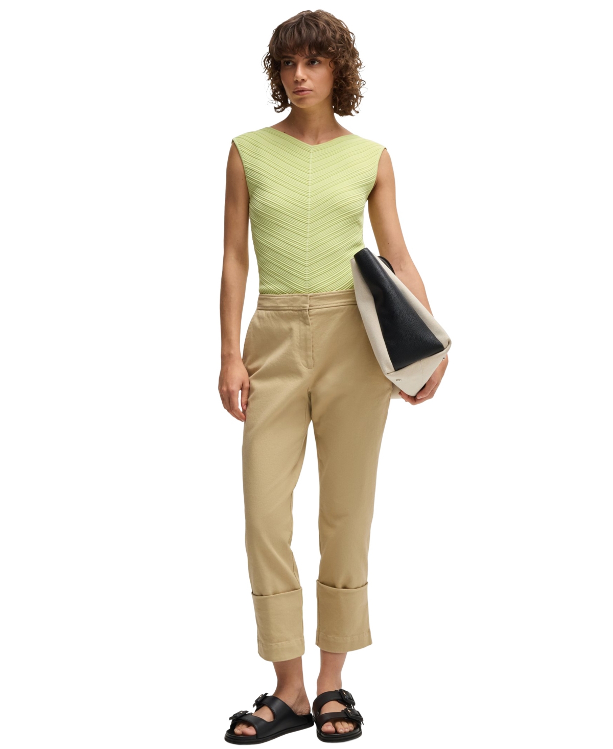 Hugo Boss V-neck Top With Knitted Structure In Open Green