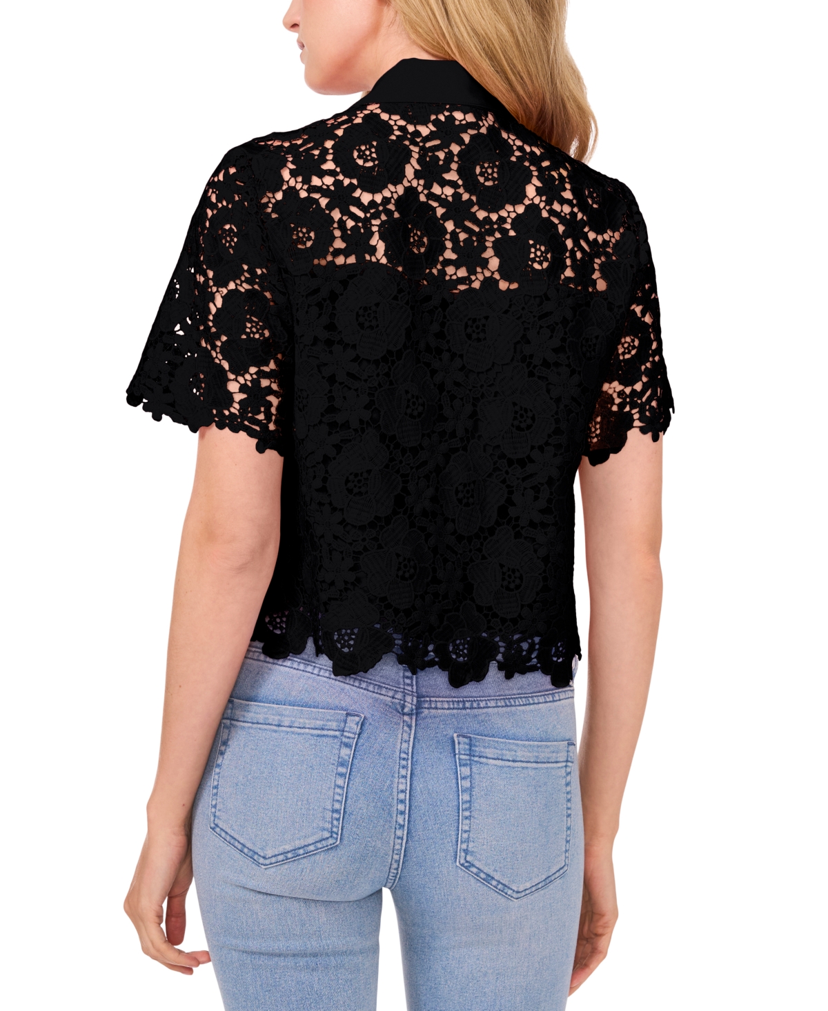 Cece Women's Lace Short-sleeve Button-up Blouse In Rich Black