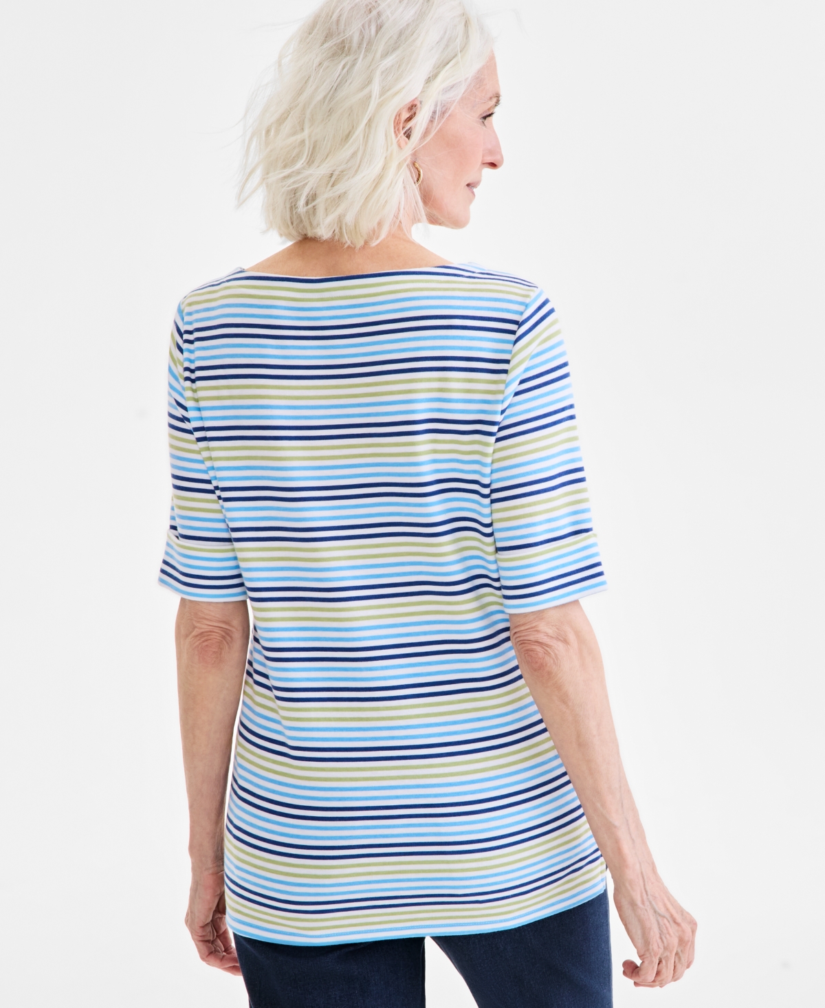 Style & Co Plus Size Striped Elbow-sleeve Knit Top, Exclusively At Macy's In Movement Sky Blue