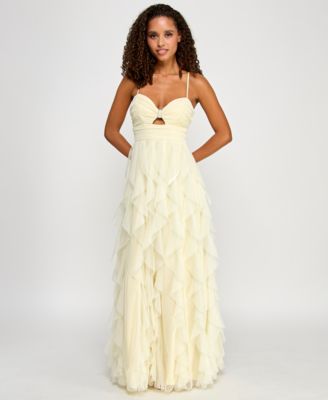 Juniors' Strappy Mesh Petal Ball Gown