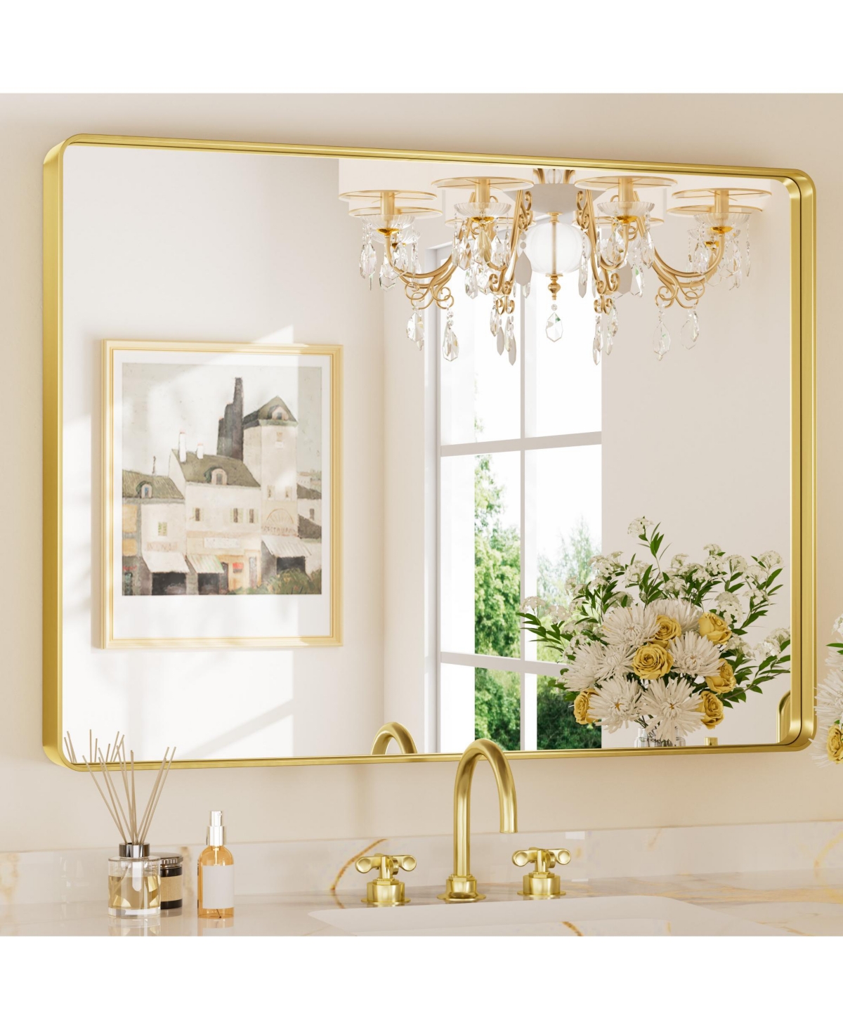 40x30 Inch Brushed Gold Bathroom Vanity Mirror Tempered Glass Metal Framed - White