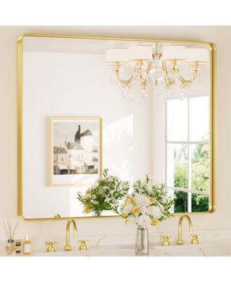 42x36 Inch Brushed Gold Bathroom Vanity Mirror Tempered Glass Metal Framed