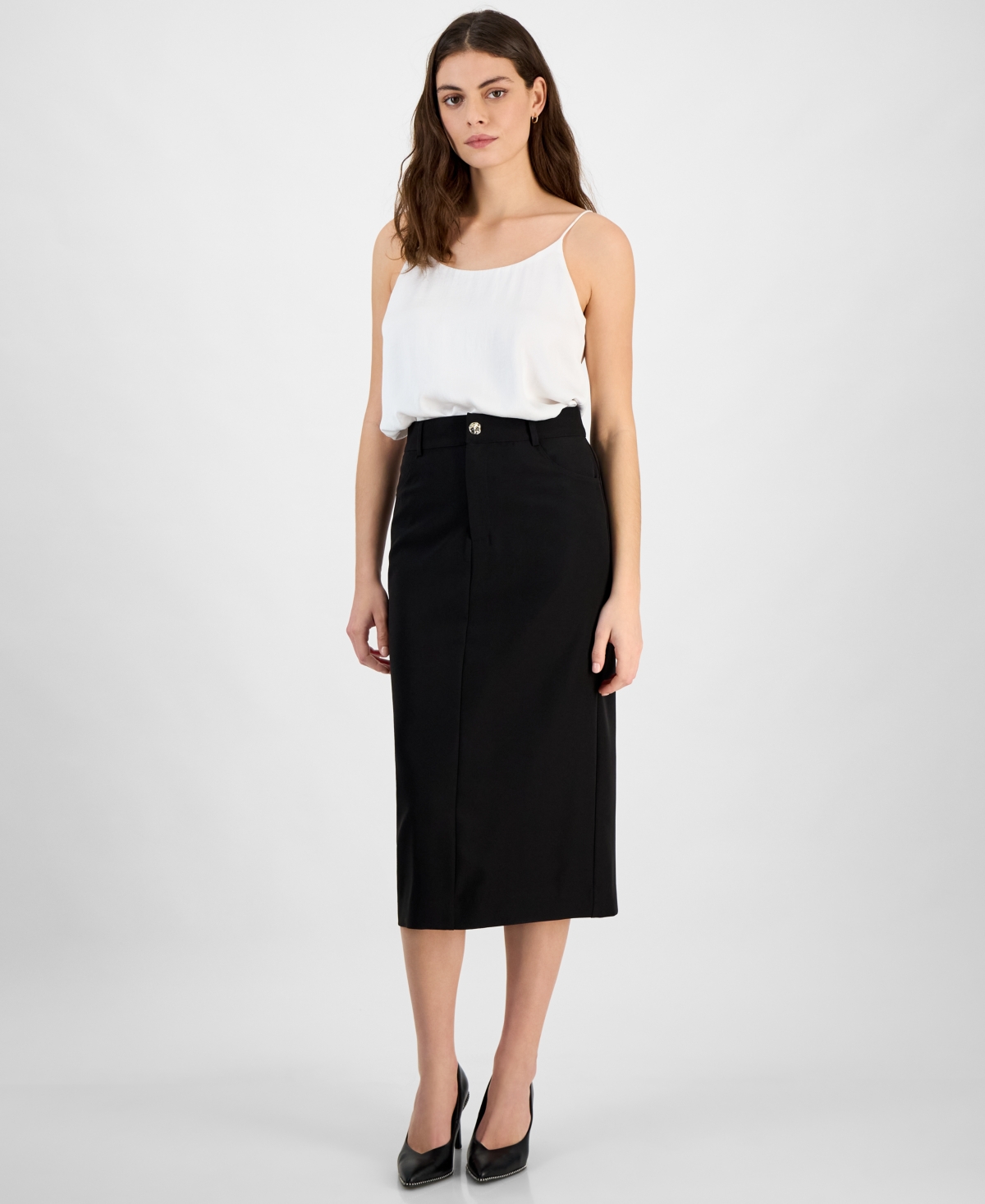Women's Gold-Tone-Button Slit-Back Midi Skirt, Exclusively at Macy's - Ivory Cloud