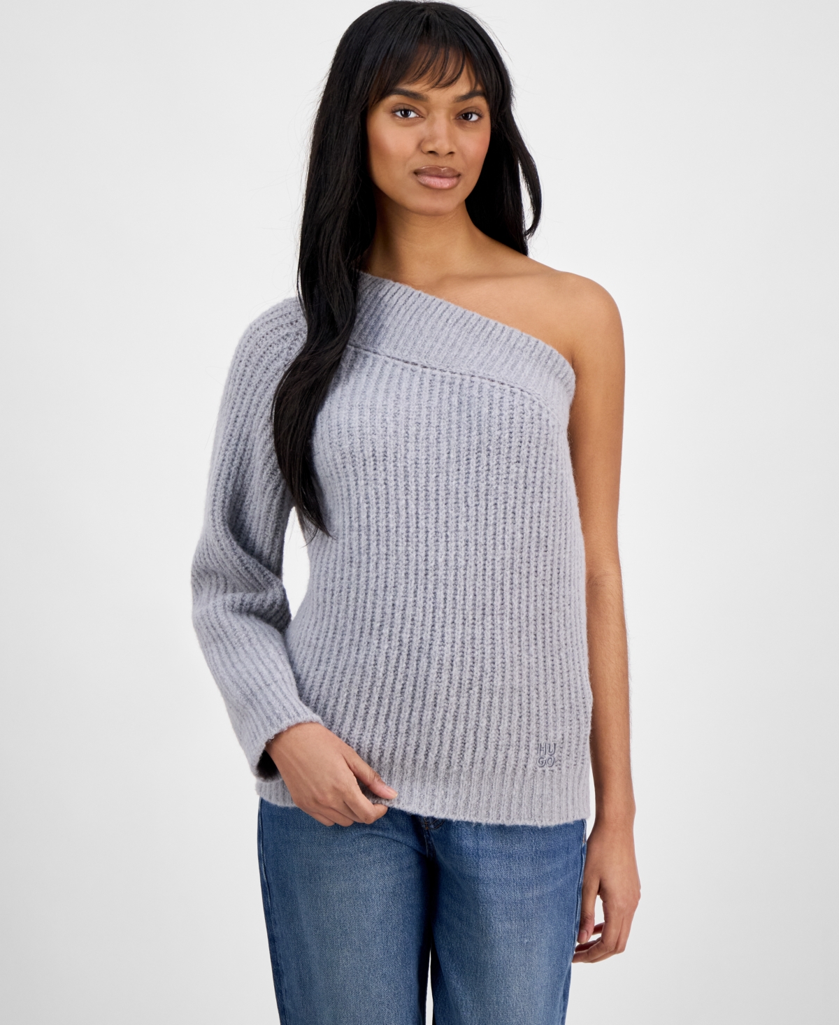 Hugo Boss Womens One-shoulder Brushed-texture Stretch-knit Jumper Medium Grey In Med Gray