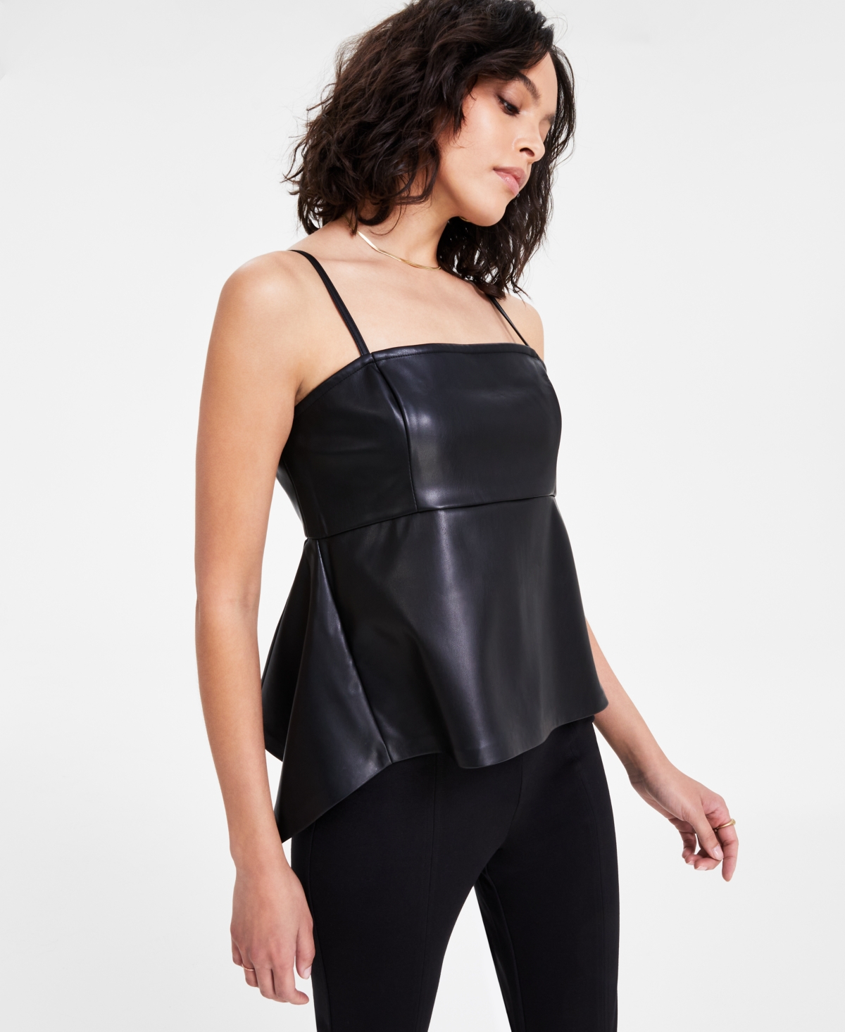 Women's Faux-Leather Sleeveless Peplum Top, Exclusively at Macy's - Deep Black