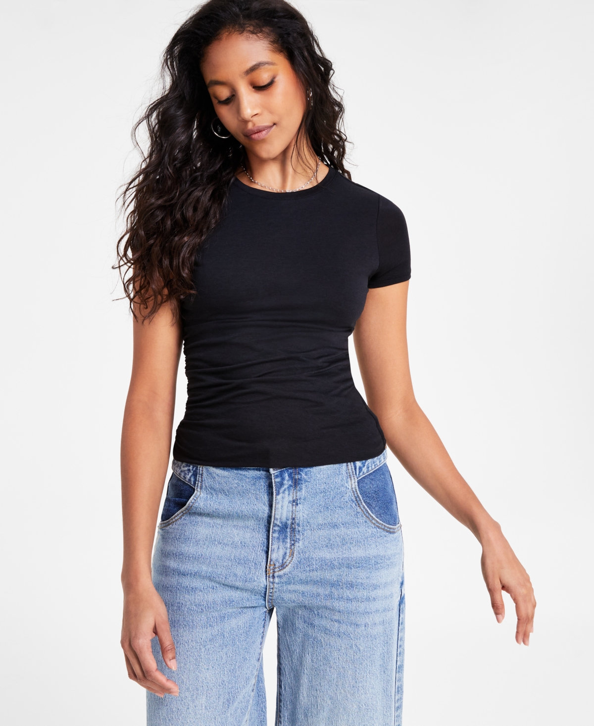 Bar Iii Women's Crewneck Ruched-front Short-sleeve T-shirt, Exclusively At Macy's In Deep Black