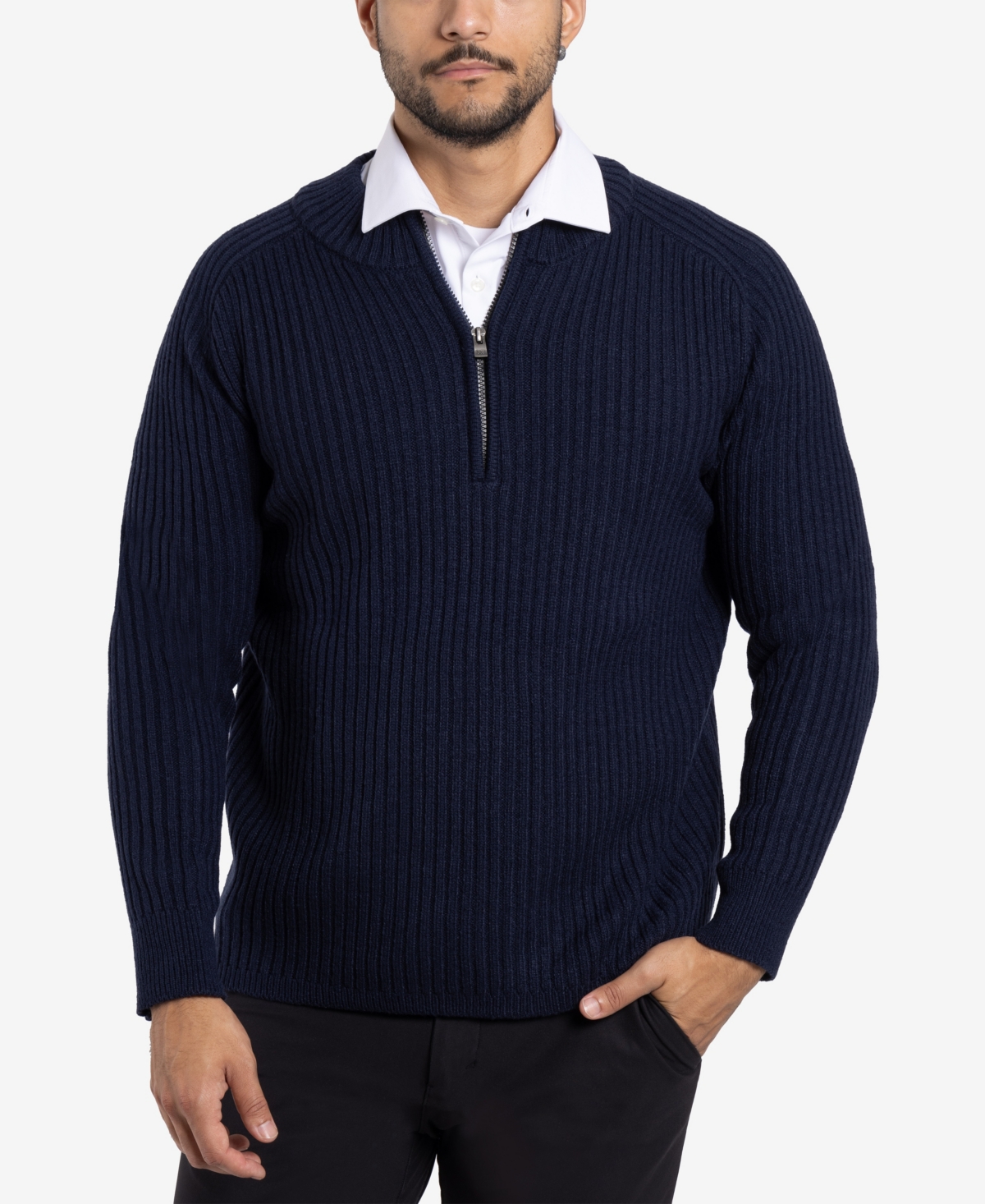 X-Ray Men's Ribbed Mock Neck Quarter-Zip Sweater - Navy