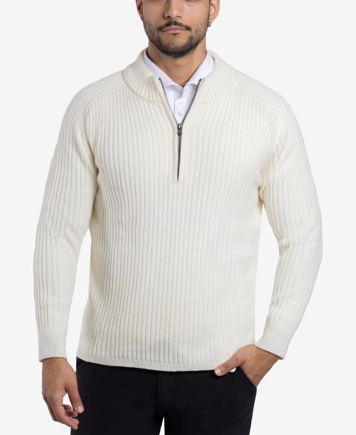 X-Ray Men's Ribbed Mock Neck Quarter-Zip Sweater - Off white