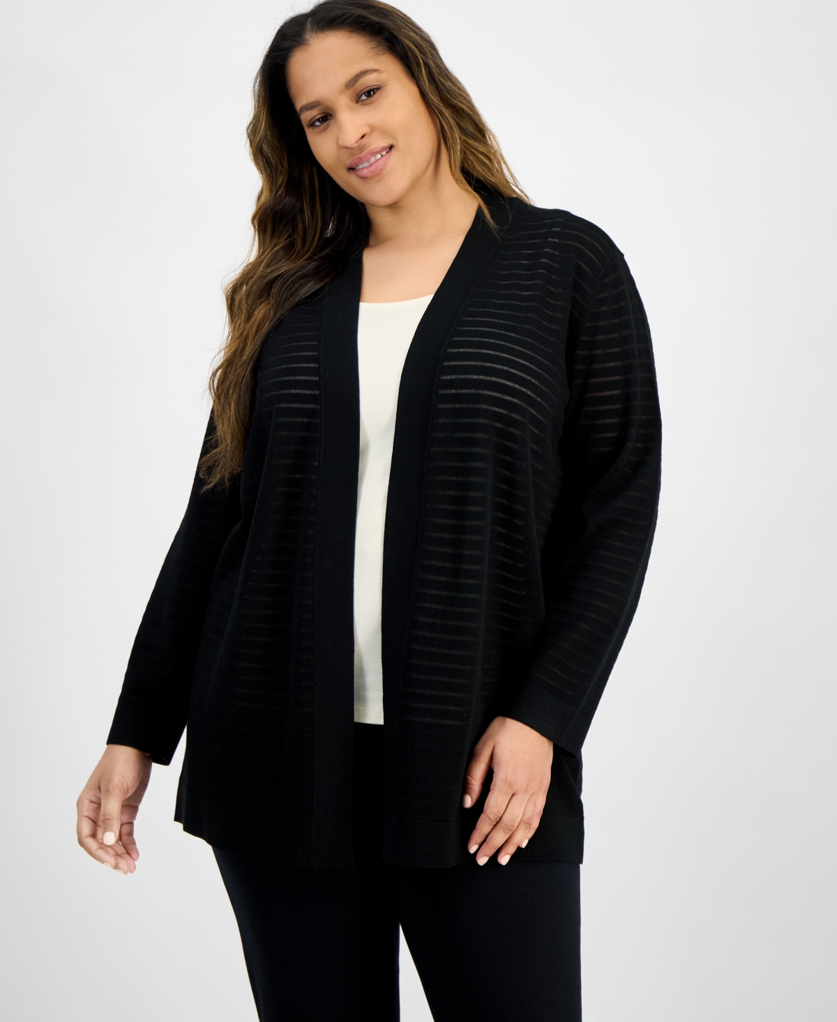 ANNE KLEIN PLUS SIZE SHADOW-STRIPED OPEN-FRONT CARDIGAN 