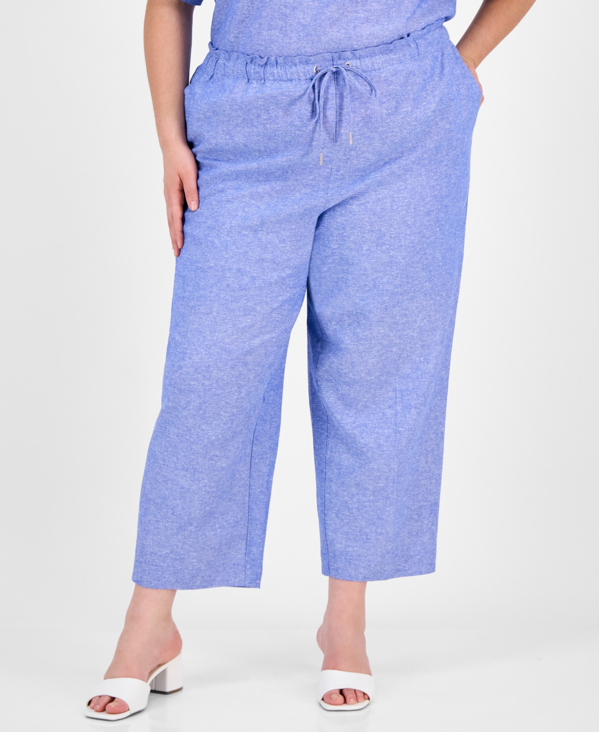 Anne Klein Plus Size Wide-leg High-rise Pants In Santorini Blue,bright White