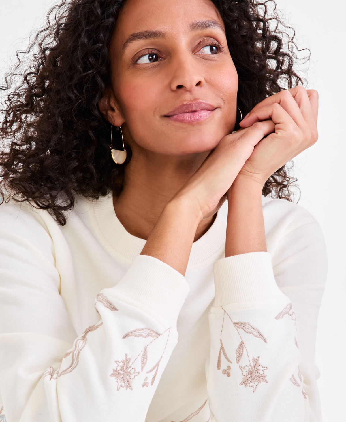 Style & Co Women's Embroidered Crewneck Fleece Sweatshirt, Exclusively At Macy's In Floral White