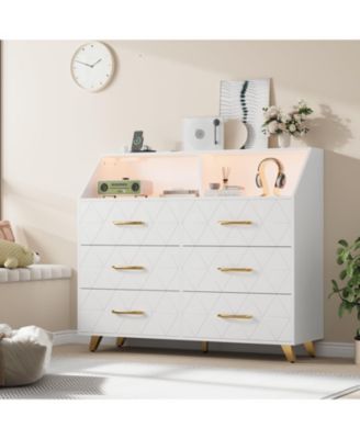 6-Pc Wood Dresser with Charging Station & LED – Modern Storage Chest